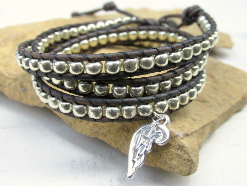 Silver Bead Bracelet With Angel Wing Charm Triple Wrap Etsy