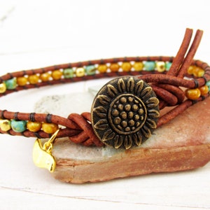 Sunflower Single Leather Wrap Bracelet, Seed Bead Bracelet, Sunflower Bracelet with Bird, Organic Boho Jewelry