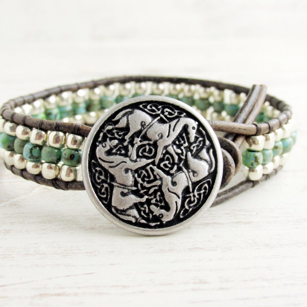 Celtic Horses Bracelet, Irish Gifts, Turquoise and Silver Seed Bead Leather Wrap Bracelet, Horse Lover Gifts, Equestrian Gifts