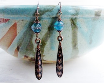 Rustic Copper Dangle Earrings, Aqua Czech Glass Boho Jewelry