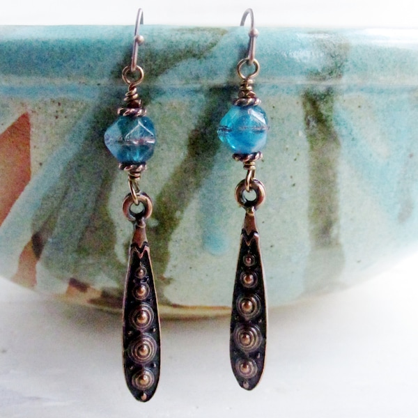 Rustic Copper and Blue Bead Earrings, Aqua Blue Dangle Earrings, Boho Jewelry, Turkish Earrings, Copper Jewelry