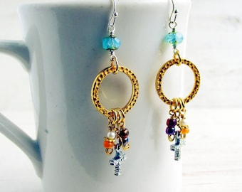 Gold and Silver Boho Earrings with Crosses, Mixed Metal Colorful Beaded Earrings