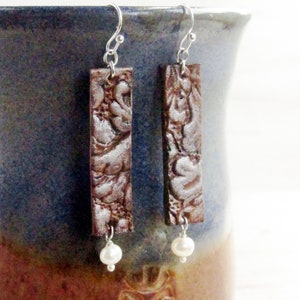 Silver Leather and Pearl Earrings, Tooled Leather Earrings, Long Rectangular Earrings