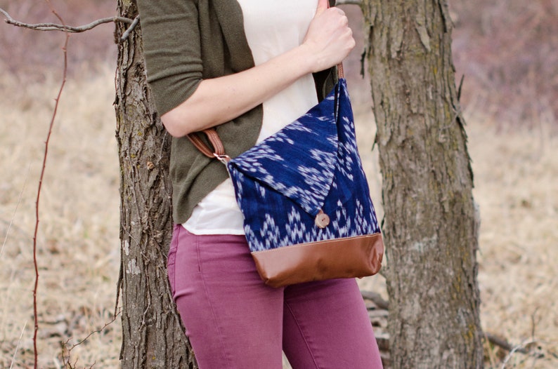 Fair Trade Handwoven Ikat and Leather Crossbody Bag Purse image 1