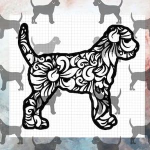 May include: Black and white line art illustration of a dog with intricate floral patterns. The dog is standing on all four legs with its head turned to the side.