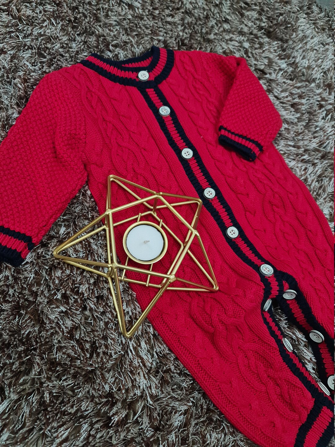 Baby Boys Red Knitted Romper Onesie. Winter Onesie. Red Knitted Babygro