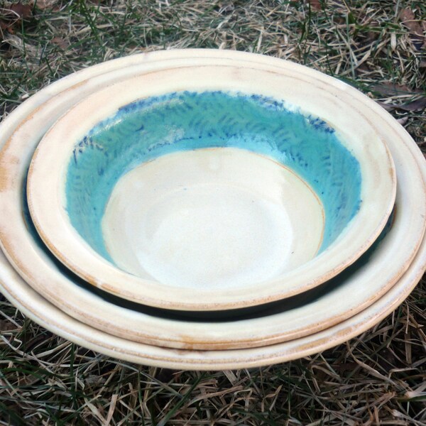 Pottery Nested Bowls, Serving Bowls, Salad Pasta Prep Bowl Set,  Cream with a Textured Turquoise Green Accent Band