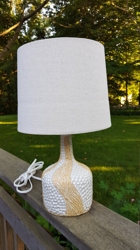 Textured Handmade Pottery Table Lamp Accent White Soft Orange