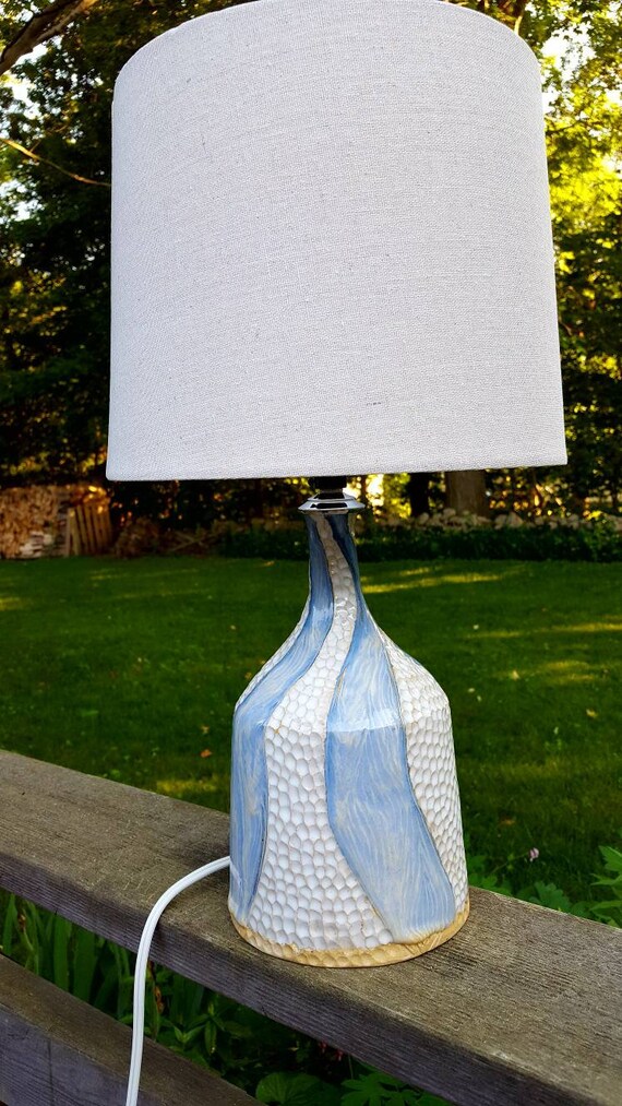 Textured Handmade Pottery Table Lamp Accent White Sky Blue Cream