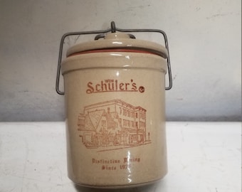 Win Schuler Restaurant Crock Vintage Off White Stoneware Crock with Lid Cheese Crock