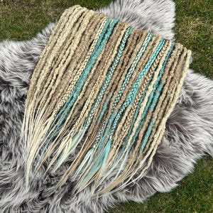 Beachy Blonde and Light Blue Synthetic Dreadlock Set – 40 DE Dreads & Braids – 19” – Mermaid, Boho, Festival Hair Extensions
