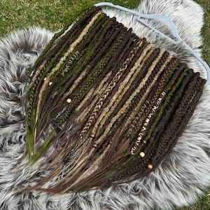 Synthetic Dreadlock Set – Brown and Olive Green DE Dreads – 40 Handmade Dreads & Braids – Earthy Witchy Boho Hair Extensions