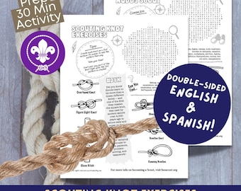 Scouting Knotenübungen / Ejercicios de nudos Scout - Einfache Ein-Seil-Knoten - Diagramm + Wortsuche + Fun Scouting Facts in Englisch & Spanisch