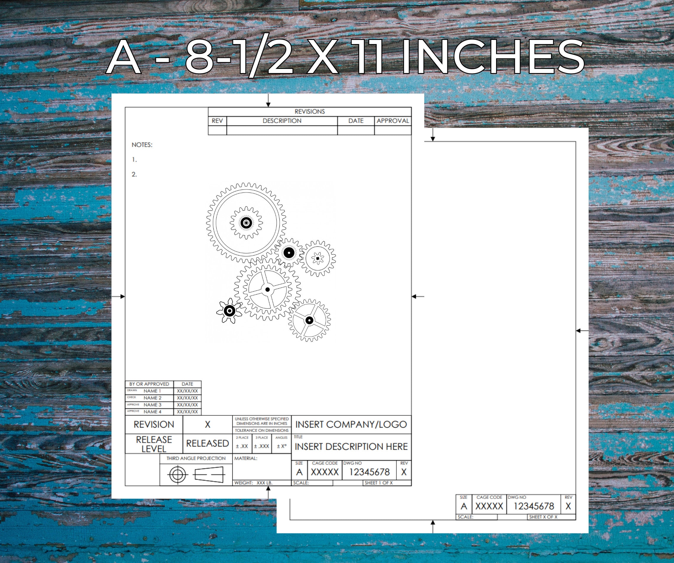 Visio Format Engineering Drafting, Drawing, Schematic or Blueprint Template, Sheets 1 & 2, ASME Y14, ANSI A-Size Portrait
