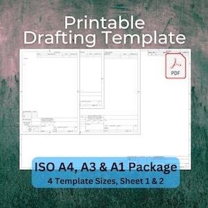 May include: A white printable drafting template with the text "Printable Drafting Template" at the top. The image includes a PDF icon and the text "ISO A4, A3 & A1 Package" and "4 Template Sizes, Sheet 1 & 2".