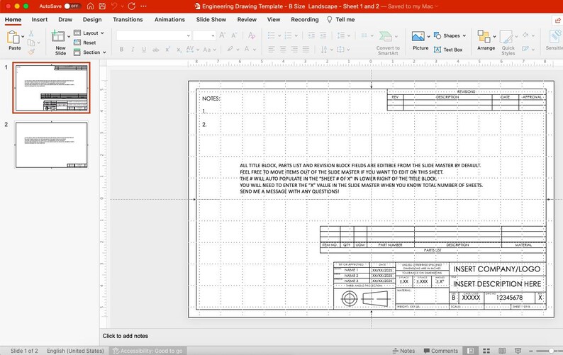 ANSI B-size Powerpoint Format Drafting Title Block Template, Sheets 1 ...