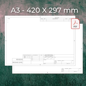 Op de afbeelding: Een witte technische tekening van A3-formaat (420 x 297 mm) met een PDF-pictogram. Het document bevat secties voor revisies, beschrijvingen en datums. De tekst "A3 - 420 X 297 mm" staat bovenaan. De achtergrond is een getextureerde, groene en bruine kleur.