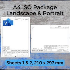 Paquete de plantillas de bloques de título para dibujo técnico en formato Visio ISO A4, hojas 1 y 2, totalmente personalizables, formato horizontal y vertical.