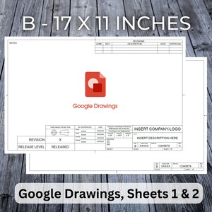Op de afbeelding: Een Google Drawings-sjabloon voor een technische tekening. Het sjabloon is 17 inch bij 11 inch en bevat ruimte voor een bedrijfslogo, een beschrijving en revisiegegevens. Het sjabloon is ontworpen voor gebruik met Google Drawings.