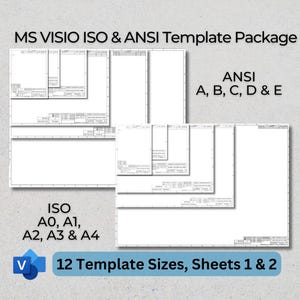 May include: A digital template package for MS Visio featuring ISO and ANSI standards. The image displays various white document layouts labelled ANSI A, B, C, D, E and ISO A0, A1, A2, A3, A4. Text includes MS VISIO ISO & ANSI Template Package.