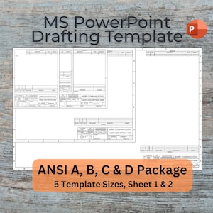 May include: A digital template for MS PowerPoint, featuring drafting layouts. The image displays several sheets with sections for company logos and descriptions. Text includes "MS PowerPoint Drafting Template" and "ANSI A, B, C & D Package". The template offers 5 sizes, sheets 1 & 2.