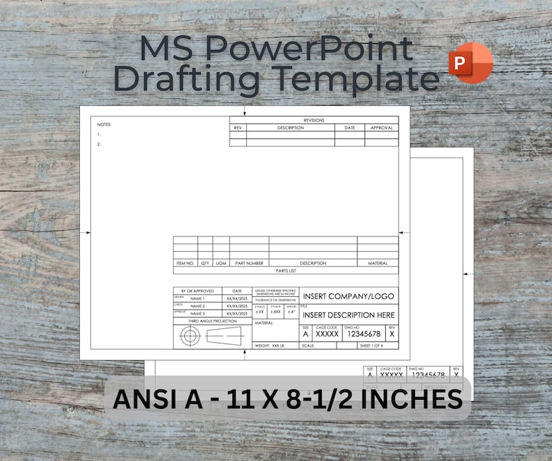 Pu&ograve; includere: Un modello di disegno MS PowerPoint bianco con testo e tabelle. Il modello include sezioni per revisioni, descrizioni e approvazioni. Il testo "ANSI A - 27,9 x 21,6 cm" &egrave; visualizzato nella parte inferiore.