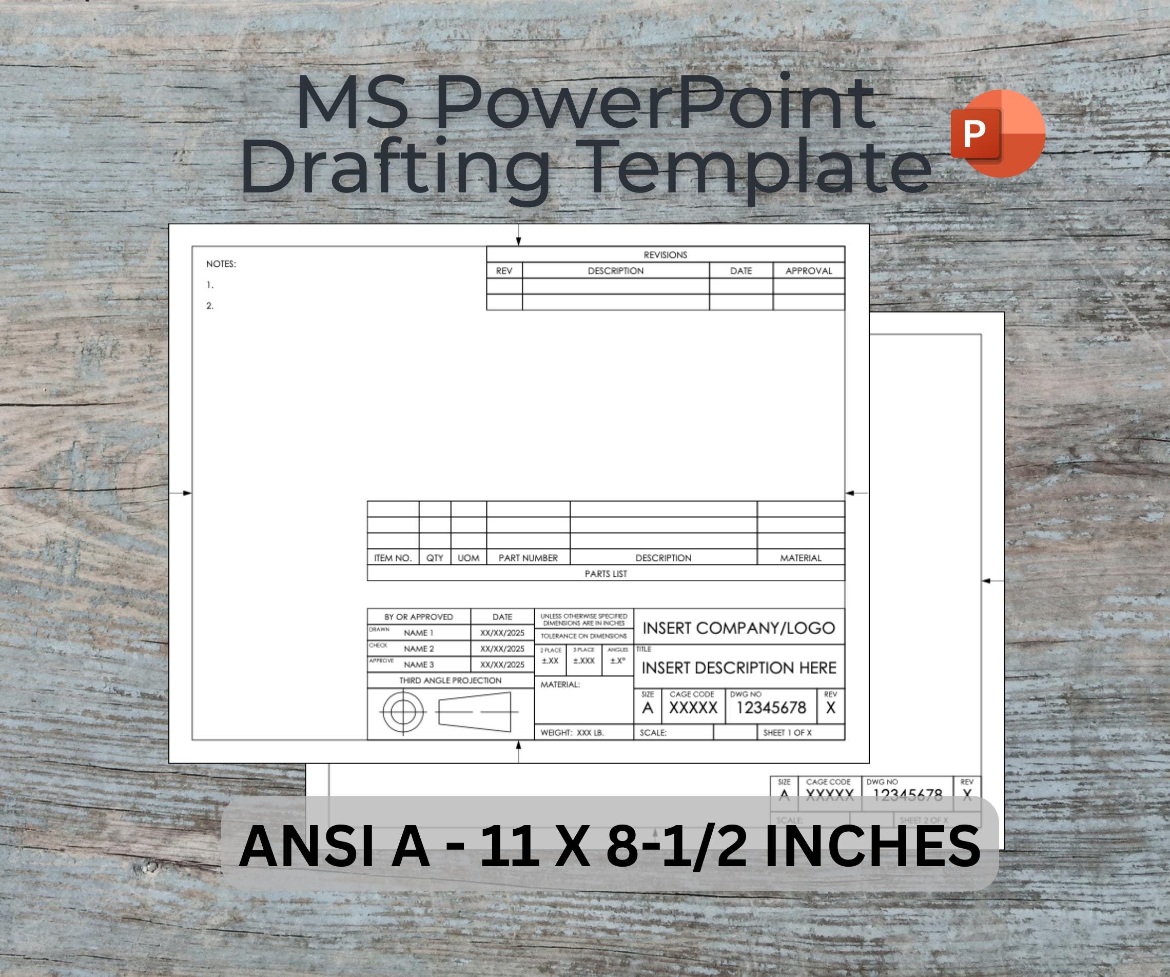 ANSI A-size Powerpoint Format Drafting Title Block Template, Sheets 1 ...