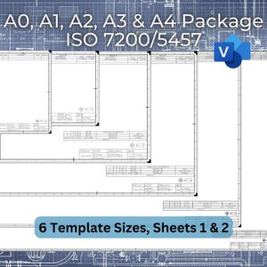 Modelo de bloco de título para desenho técnico em formato Visio, tamanhos ISO A0, A1, A2, A3 e A4, conforme ISO 5457/7200, folhas 1 e 2.