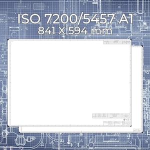 Op de afbeelding: Een technische tekening met de tekst "ISO 7200/5457 A1" en afmetingen "841 x 594 mm". De afbeelding toont een witte rechthoekige ruimte voor aantekeningen, tegen een blauwe achtergrond met gedetailleerde technische schema's.