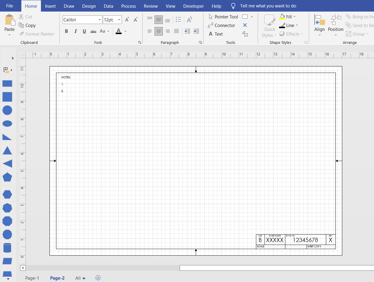 Visio Format Engineering Drawing, Schematic or Blueprint Template, Sheets 1 & 2, Bsize