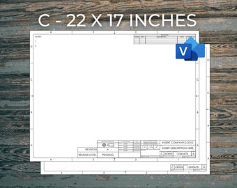 Plantilla de bloque de título para dibujo técnico en formato Visio tamaño ANSI C, hojas 1 y 2, ASME Y14