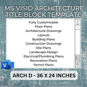 Op de afbeelding: Een blauwe en witte titelblok sjabloon voor Microsoft Visio. De sjabloon is ontworpen voor architectonische tekeningen en bevat een lijst met veelvoorkomende tekeningtypen, zoals plattegronden, terreinplannen en landschapsontwerp. De sjabloon is 91,44 cm bij 60,96 cm.