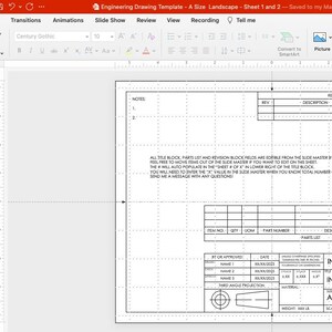 Pu&ograve; includere: Uno screenshot di una presentazione di PowerPoint che mostra un modello di disegno tecnico. Il modello include sezioni per revisioni, elenchi di parti e informazioni aziendali. Il documento &egrave; in orientamento orizzontale ed &egrave; etichettato "Foglio 1 e 2."