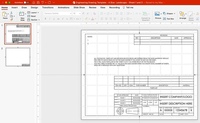 Pu&ograve; includere: Uno screenshot di una presentazione di PowerPoint che mostra un modello di disegno tecnico. Il modello include sezioni per revisioni, elenchi di parti e informazioni aziendali. Il documento &egrave; in orientamento orizzontale ed &egrave; etichettato "Foglio 1 e 2."