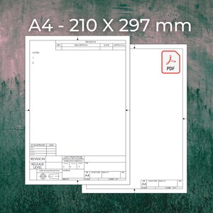 May include: Two white A4-sized technical drawing sheets with black lines and text. The sheets are labeled "A4 - 210 X 297 mm" and include a PDF icon. The sheets contain sections for revisions, descriptions, and approvals.