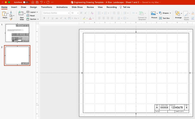 Pu&ograve; includere: Un modello di disegno tecnico in formato A orizzontale, con una griglia e un cartiglio con il testo "A XXXXXX 12345678 X SHEET 1 OF 2". Il modello &egrave; visualizzato su uno schermo di computer.