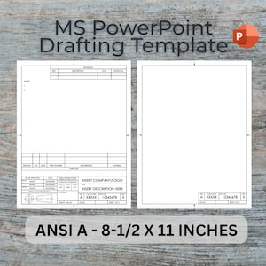May include: A white MS PowerPoint drafting template with the text "MS PowerPoint Drafting Template" and "ANSI A - 8-1/2 X 11 INCHES". The template includes areas for company logos, descriptions, and measurements. The paper size is 8.5 x 11 inches.