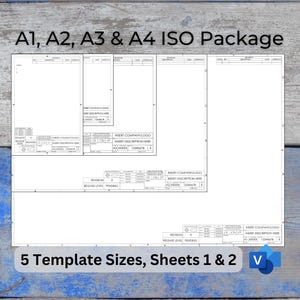 Visio テンプレート パッケージ、ISO A1 A2 A3 A4 サイズのエンジニアリング製図、図面、回路図、設計図、またはタイトル ブロック テンプレート、シート 1 と 2