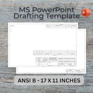 May include: A white MS PowerPoint drafting template with a detailed layout, including sections for revisions, descriptions, and approvals. The template is ANSI B size, measuring 17 x 11 inches. The design includes space for a company logo and description.