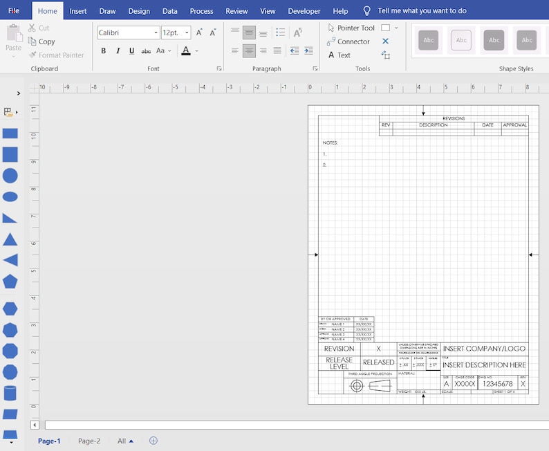 Visio Format Engineering Drawing, Schematic or Blueprint Template, Sheets 1 & 2, ANSI Asize