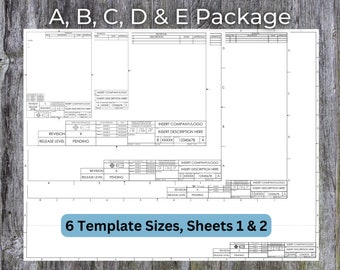 Visio Package Deal, ASME Y14 Format, ANSI A B C D E Size Engineering Drawing, Schematic, Blueprint or Title Block Template, Sheet 1 & 2