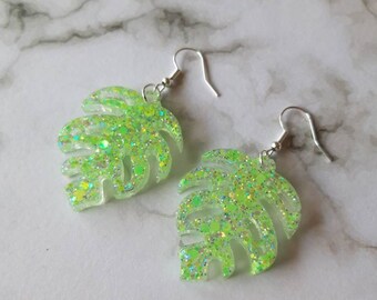 Leaf earrings. Glitter leaf earrings Unusual quirky cute funny kawaii earrings