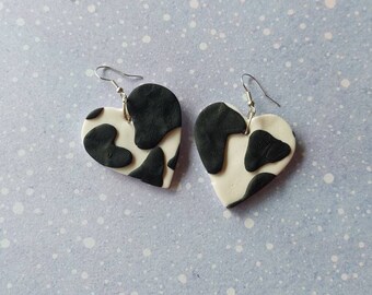 Heart cow print earrings. Unusual quirky cute funny kawaii earrings animal earrings