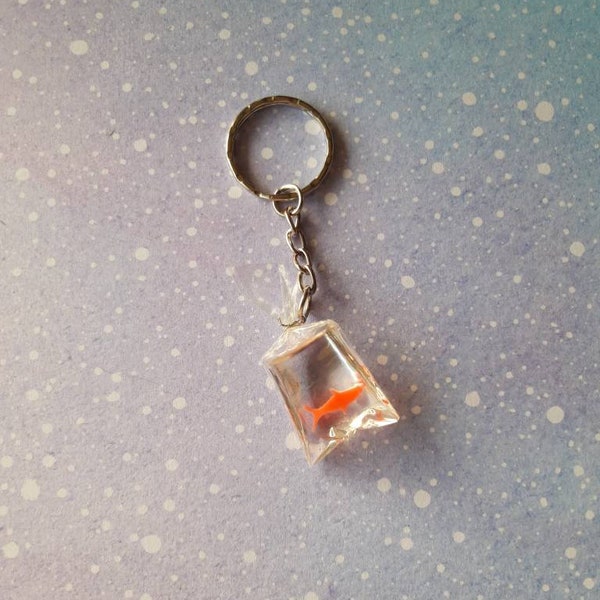 Handmade goldfish in bag keyring. Quirky cute unusual fairground