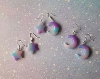 Pastel galaxy moon and star earrings. Unusual quirky cute funny kawaii earrings