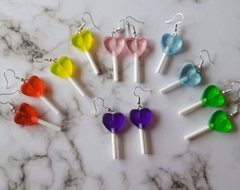 Heart shaped lollipop earrings. Unusual quirky cute funny kawaii earrings rainbow earrings