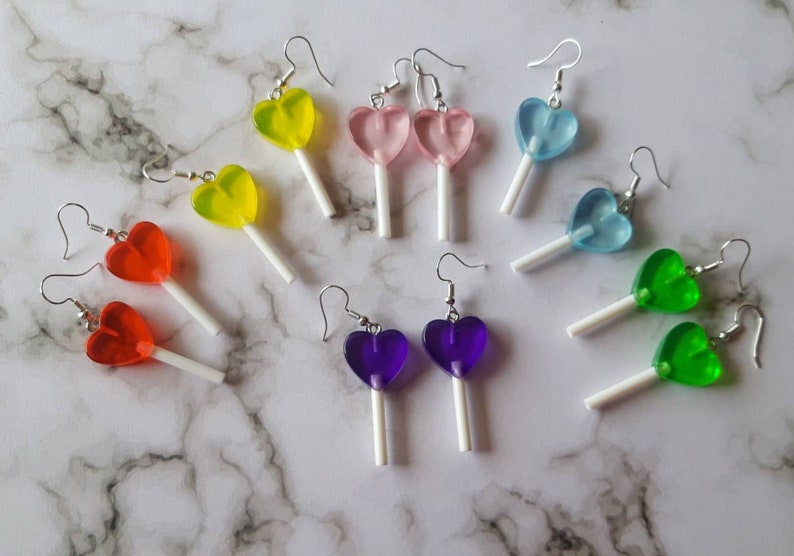Heart shaped lollipop earrings. Unusual quirky cute funny kawaii earrings rainbow earrings image 1