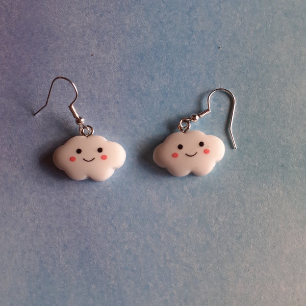 Cheerful little happy faced white cloud drop earrings