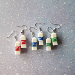 Milk bottle earrings. Milk carton earrings. Unusual quirky cute funny kawaii earrings