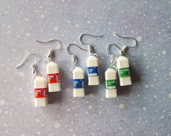 Milk bottle earrings. Milk carton earrings. Unusual quirky cute funny kawaii earrings